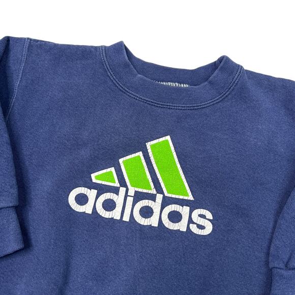 Adidas VTG 00s Logo Crewneck Sweatshirt FLAW Navy Blue Green Youth Medium 3 - Picture 3 of 6